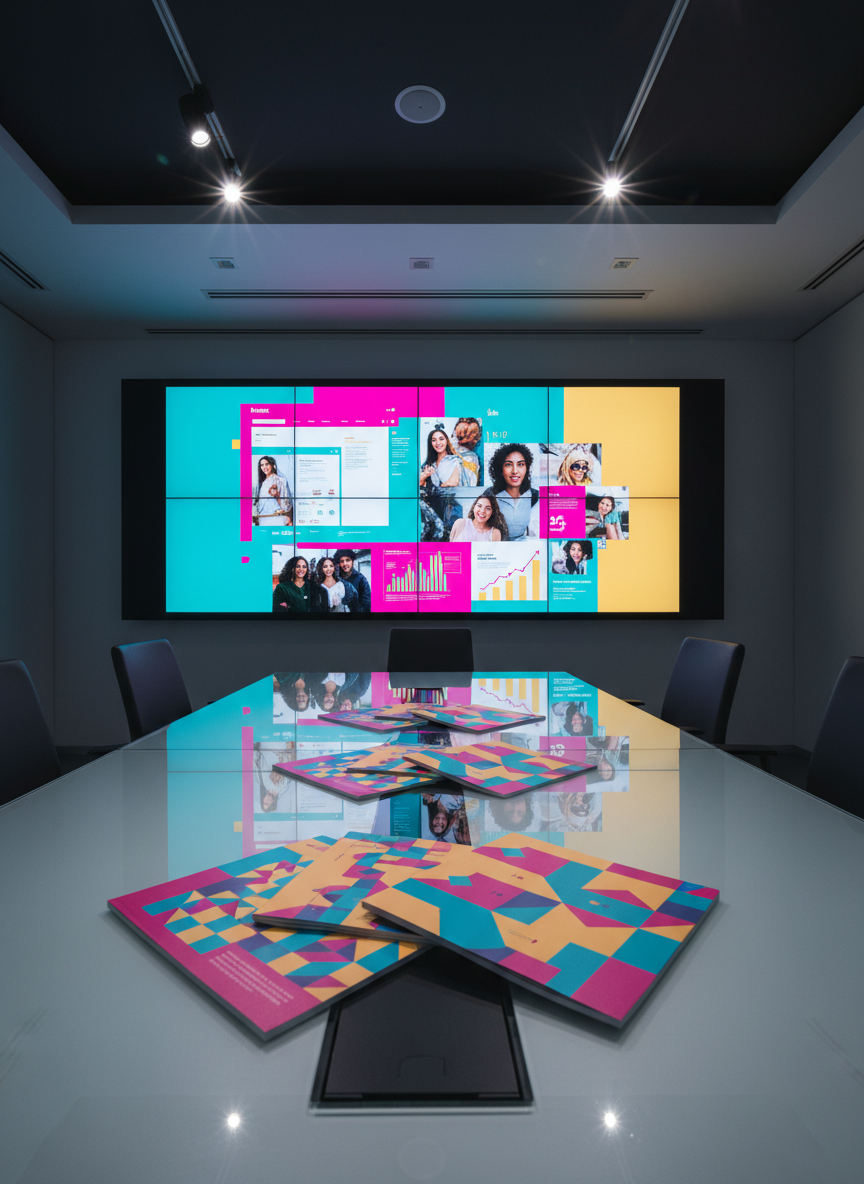 A polished presentation space in a contemporary office, shown without any people, with a large wall-mounted screen displaying a vibrant, abstract case study collage: blurred website layouts, campaign imagery, and upward-trending graphs in a bold color palette of teal, magenta, and citrus yellow. On a sleek glass table beneath, a row of printed portfolio booklets fans out, their covers featuring dynamic geometric shapes instead of text. Track lighting from the ceiling spotlights both the screen and the booklets, creating dramatic highlights and crisp shadows. Photographic realism from a slightly low, wide-angle perspective emphasizes scale and impact, while the mood feels confident and persuasive, ideal for showcasing successful client results and creative marketing solutions.
