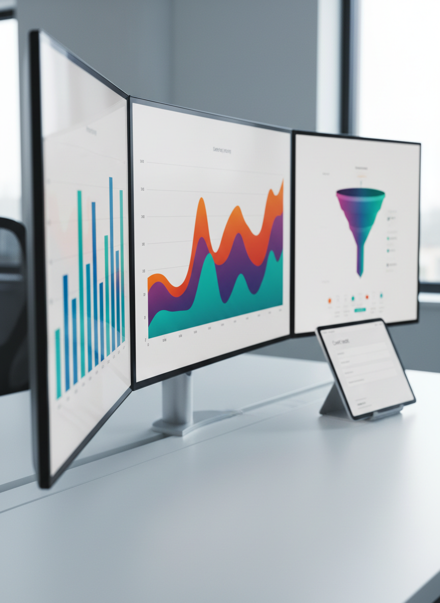 A close-up, photographic view of a sophisticated marketing dashboard interface displayed across three frameless ultra-wide monitors on a clean white desk, with no people present. The screens show abstract bar charts, line graphs, and conversion funnels in vivid blues, greens, and oranges, all stylized without legible numbers or text. Beside the monitors, a slim metallic tablet rests on a stand, its screen suggesting a simplified contact form layout. Cool daylight pours in from an unseen window to the left, creating soft reflections on the glass and a confident, data-driven atmosphere. Captured from a slightly angled side perspective with shallow depth of field, the front monitor is in sharp focus while the background softly blurs for a bold, modern aesthetic.