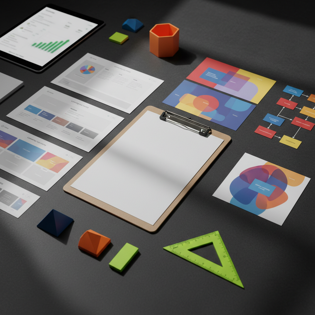 A dramatic overhead photographic shot of a dark charcoal table filled with marketing strategy elements arranged meticulously: glossy printed mockups of landing pages, abstract ad creatives, color-coded flowcharts, and a tablet displaying a blurred analytics dashboard with rising trend lines. A prominent empty clipboard in the center subtly suggests a contact or inquiry form without readable text. Small, geometric desk accessories in bold colors—cobalt blue, neon orange, and lime green—punctuate the scene. Soft studio lighting from above creates crisp shadows and defined edges, giving the image a bold, decisive mood. The composition is flat-lay with sharp focus and vibrant contrast, evoking strategic thinking and results-driven campaign planning.