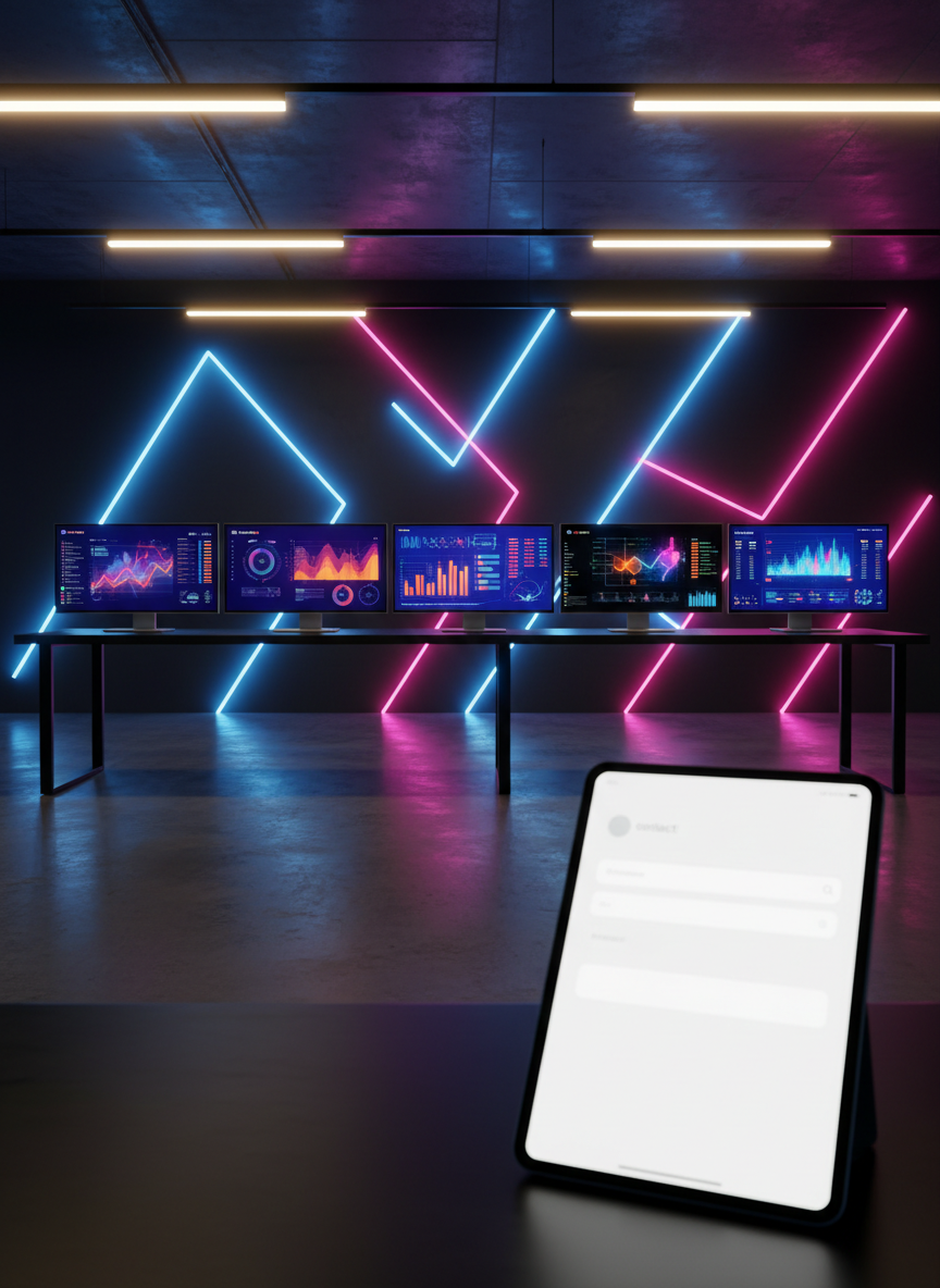 A sleek, ultra-modern digital marketing agency workspace without any people, featuring a long matte-black desk lined with high-resolution monitors showing abstract, colorful graphs, campaign dashboards, and social media feeds with no readable text. A bold neon accent wall in electric blue and magenta glows behind the screens, suggesting innovation and growth. A large, minimal contact-form style tablet lies in the foreground, angled toward the viewer, its blank fields implied by subtle shapes. Shot at eye level with photographic realism, warm overhead LED lighting contrasts with cool monitor light, creating a bold, high-energy atmosphere. The composition uses the rule of thirds, with sharp focus throughout to convey clarity, performance, and lead generation.